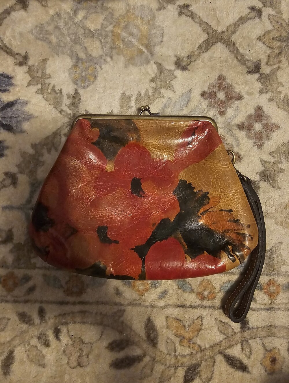 Vintage Patricia Nash Red Floral Leather Wristlet Kisslock Clutch